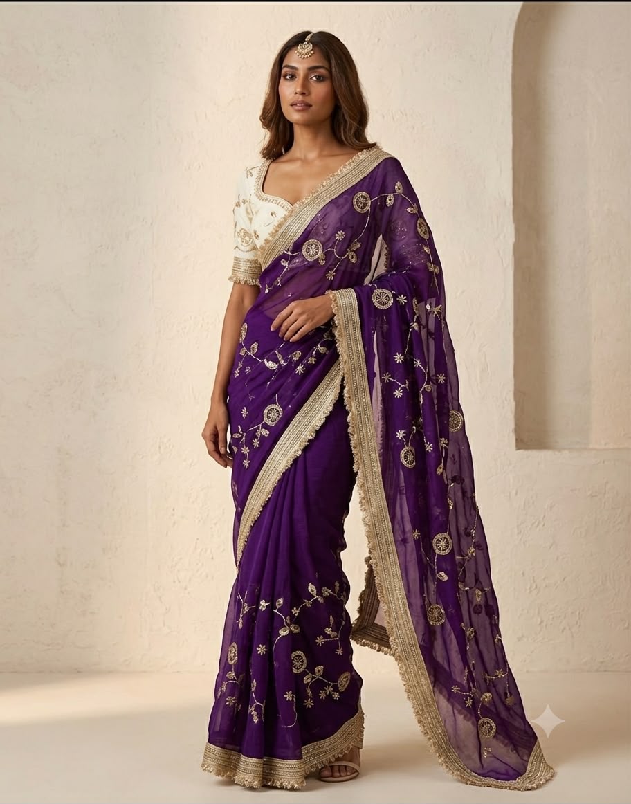Luxury Organza Tissue Silk Saree with Zari Embroidery & Lace Border