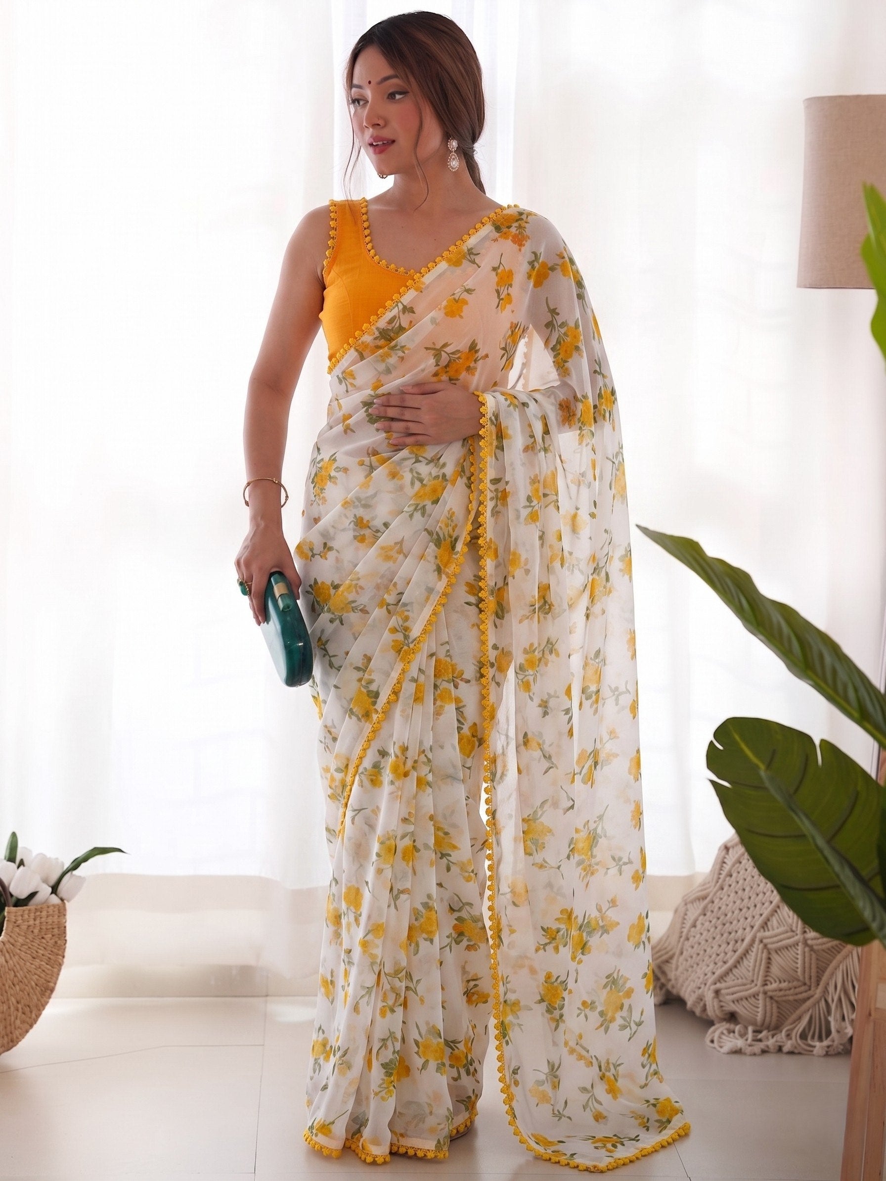 Buy White Floral Print Chiffon Saree with Pom-Pom Lace