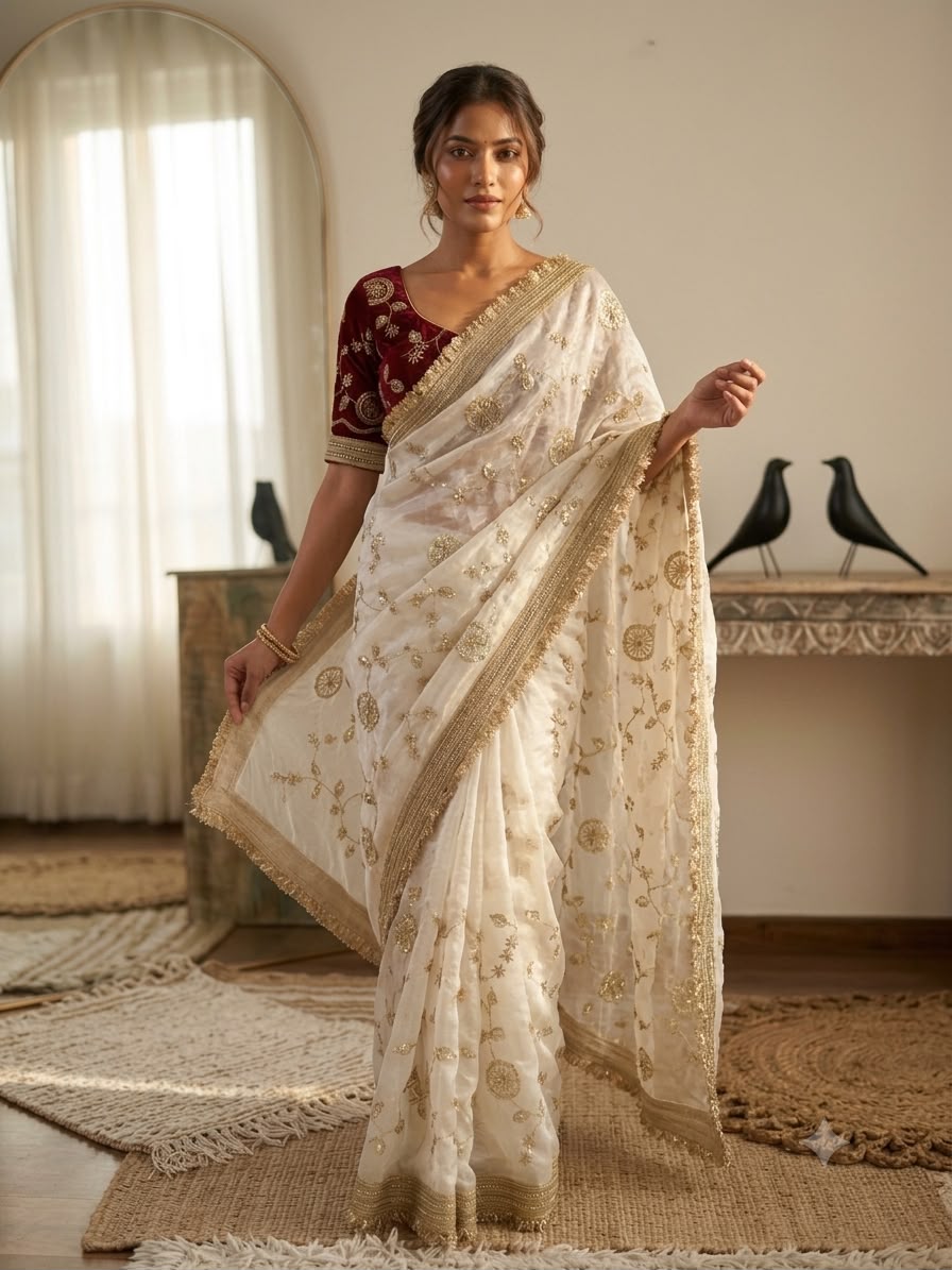 Luxury Organza Tissue Silk Saree with Zari Embroidery & Lace Border