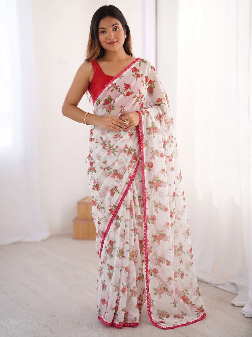 Buy White Floral Print Chiffon Saree with Pom-Pom Lace