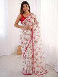Buy White Floral Print Chiffon Saree with Pom-Pom Lace