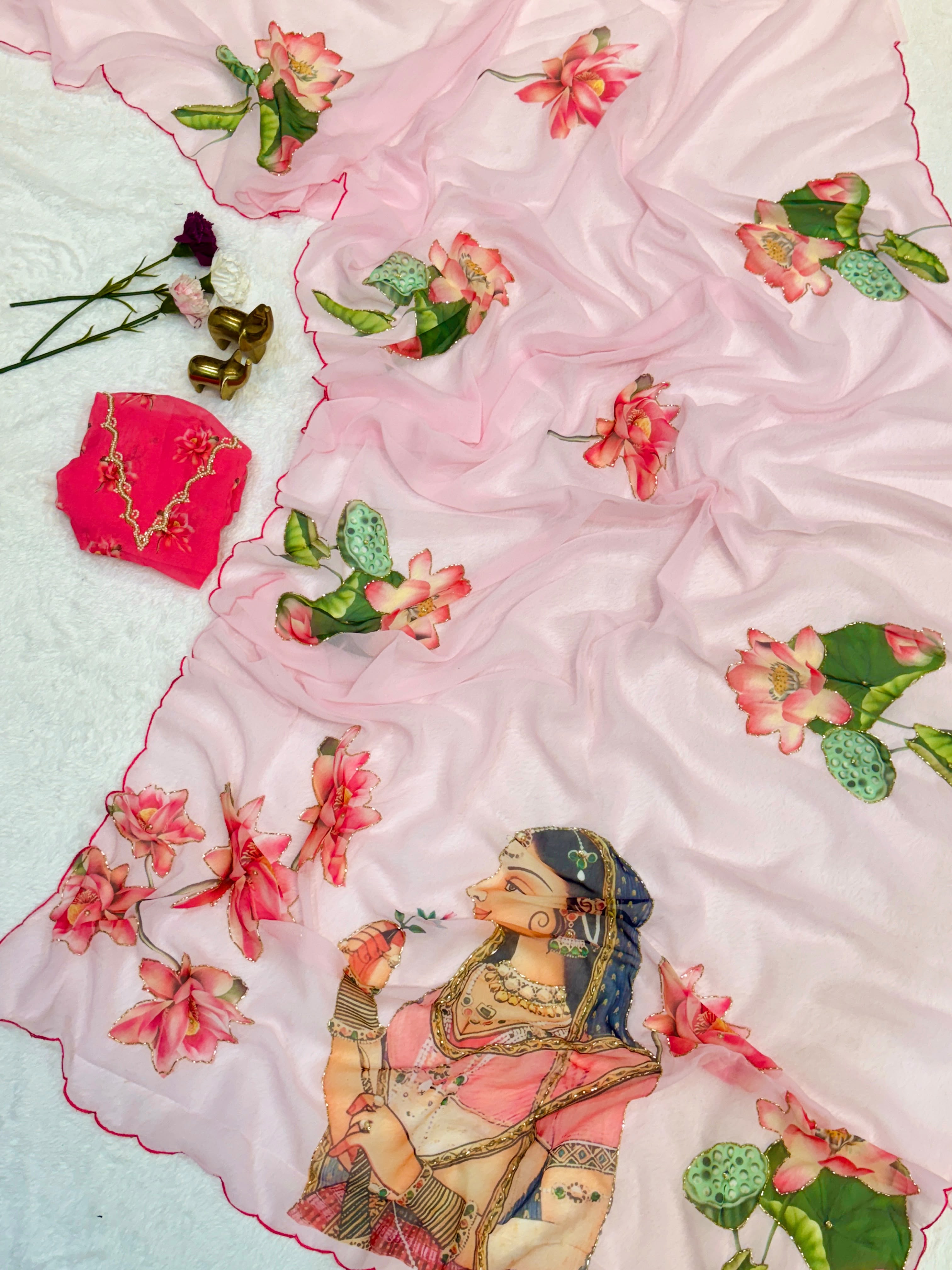 Multi Color Floral Handwork Georgette Party Wear Saree with Blouse - 2 The Taanabaanaa