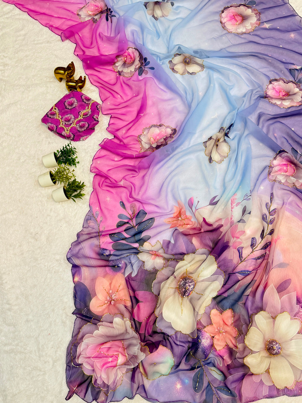 Multi Color Floral Handwork Georgette Party Wear Saree with Blouse - 2 The Taanabaanaa