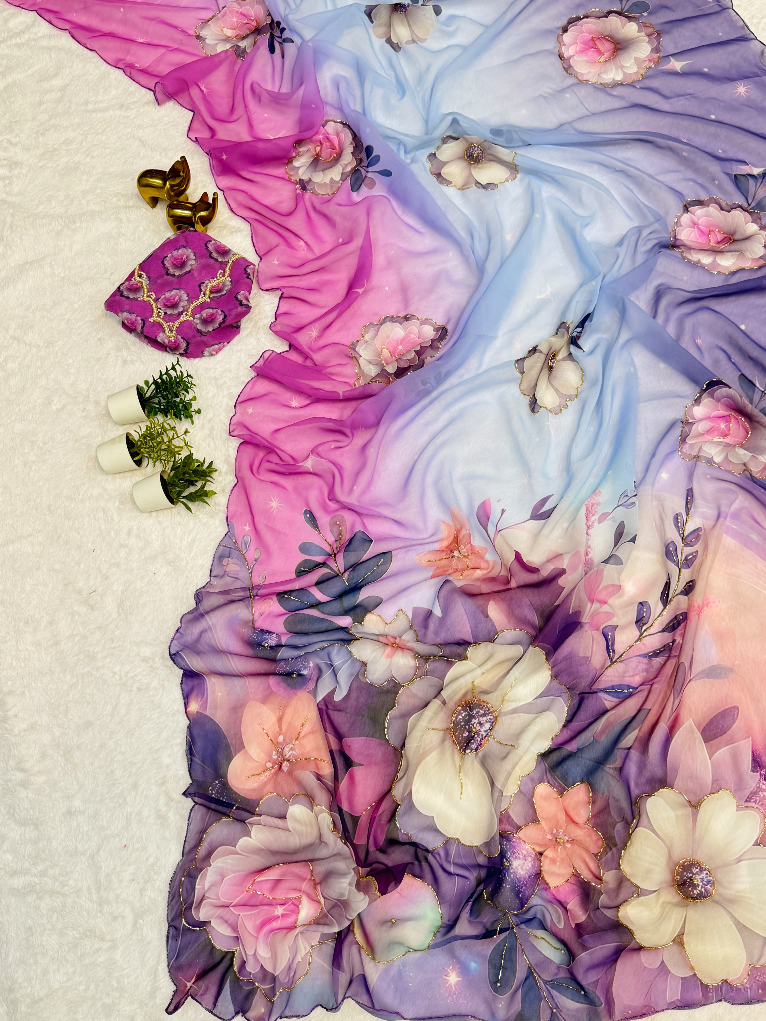 Multi Color Floral Handwork Georgette Party Wear Saree with Blouse - 2 The Taanabaanaa