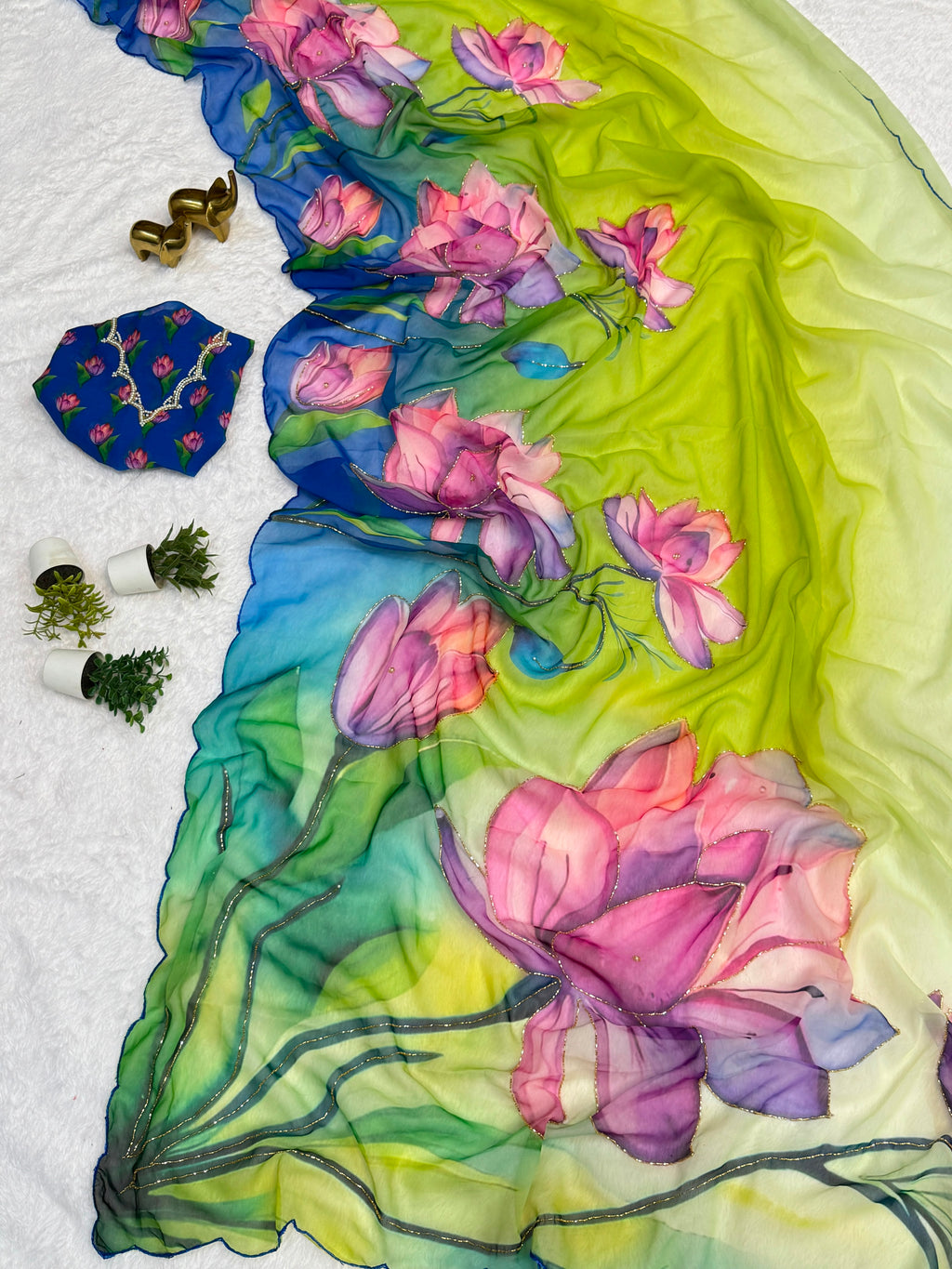 Multi Color Floral Handwork Georgette Party Wear Saree with Blouse - 2 The Taanabaanaa