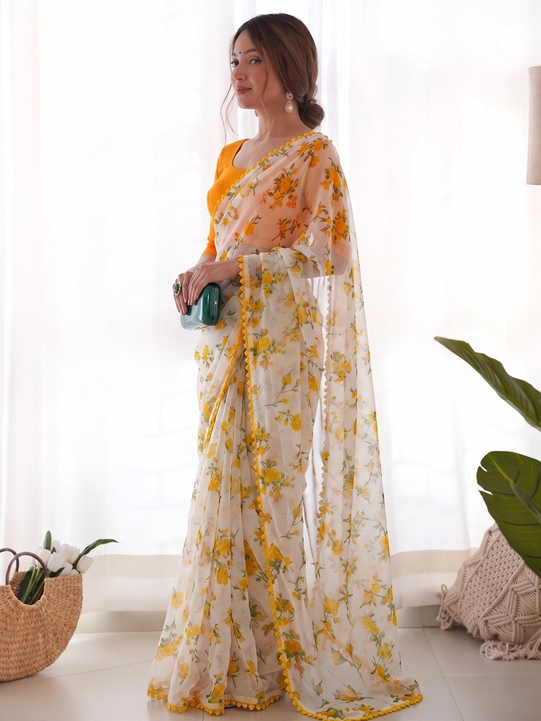 Buy White Floral Print Chiffon Saree with Pom-Pom Lace