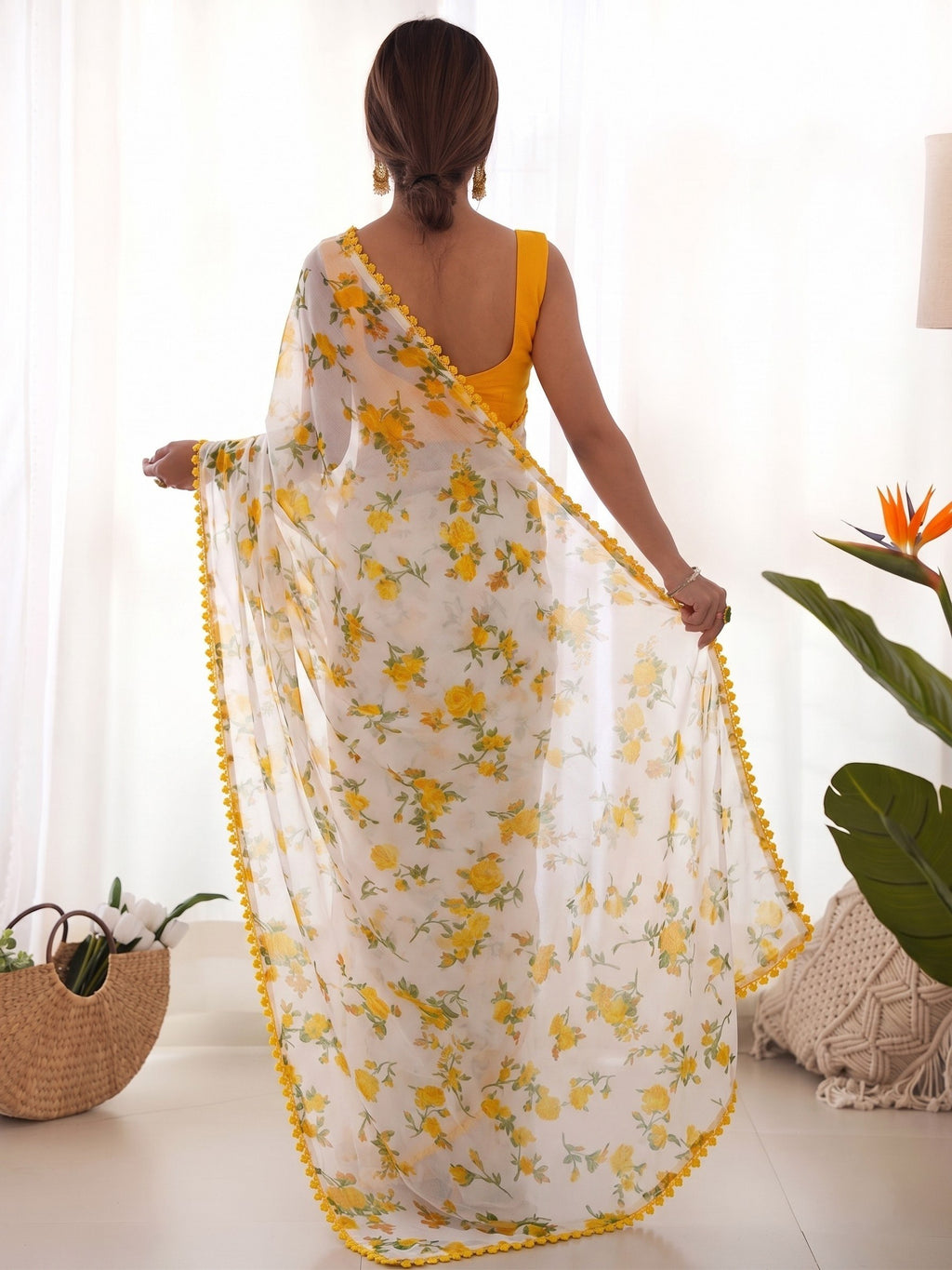 Buy White Floral Print Chiffon Saree with Pom-Pom Lace