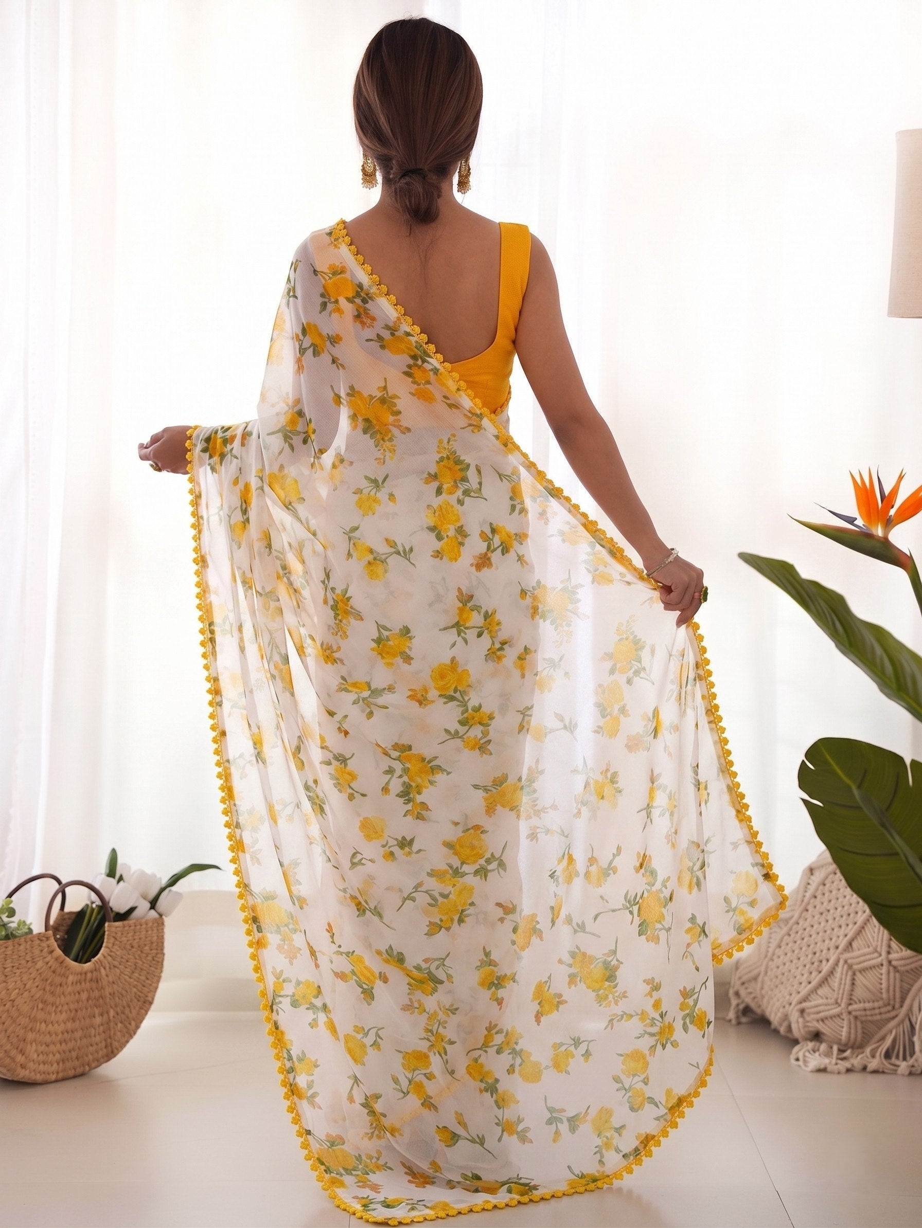 Buy White Floral Print Chiffon Saree with Pom-Pom Lace
