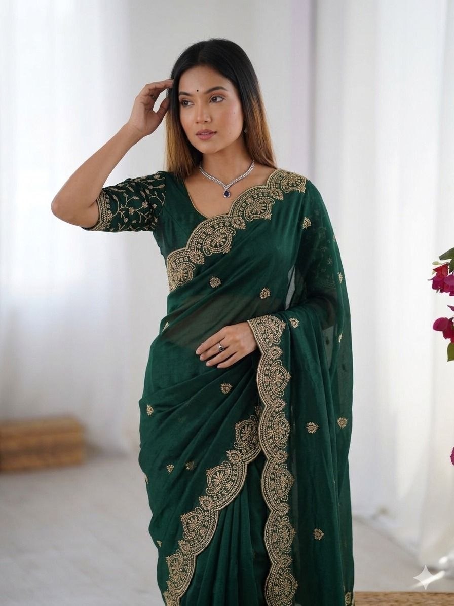 Premium Simmer Chiffon Saree with Zari Embroidery & Designer Blouse Piece