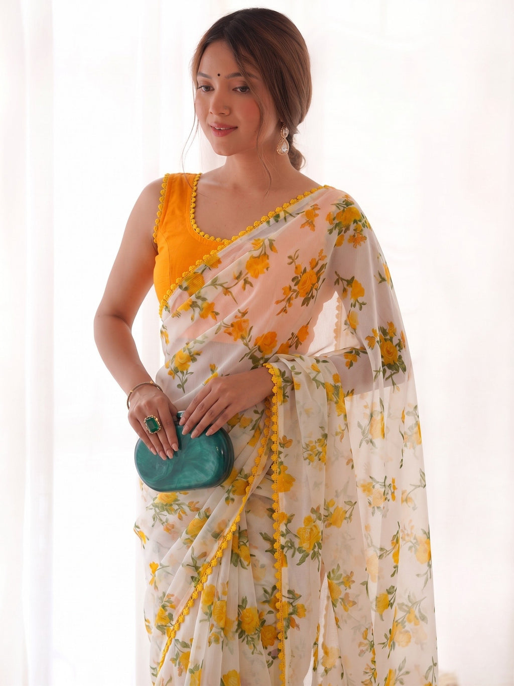 Buy White Floral Print Chiffon Saree with Pom-Pom Lace