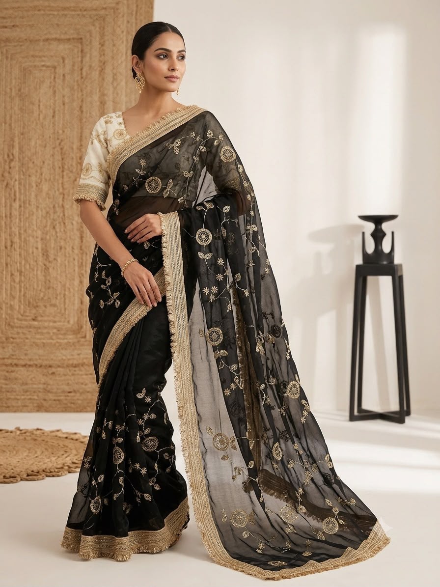 Luxury Organza Tissue Silk Saree with Zari Embroidery & Lace Border
