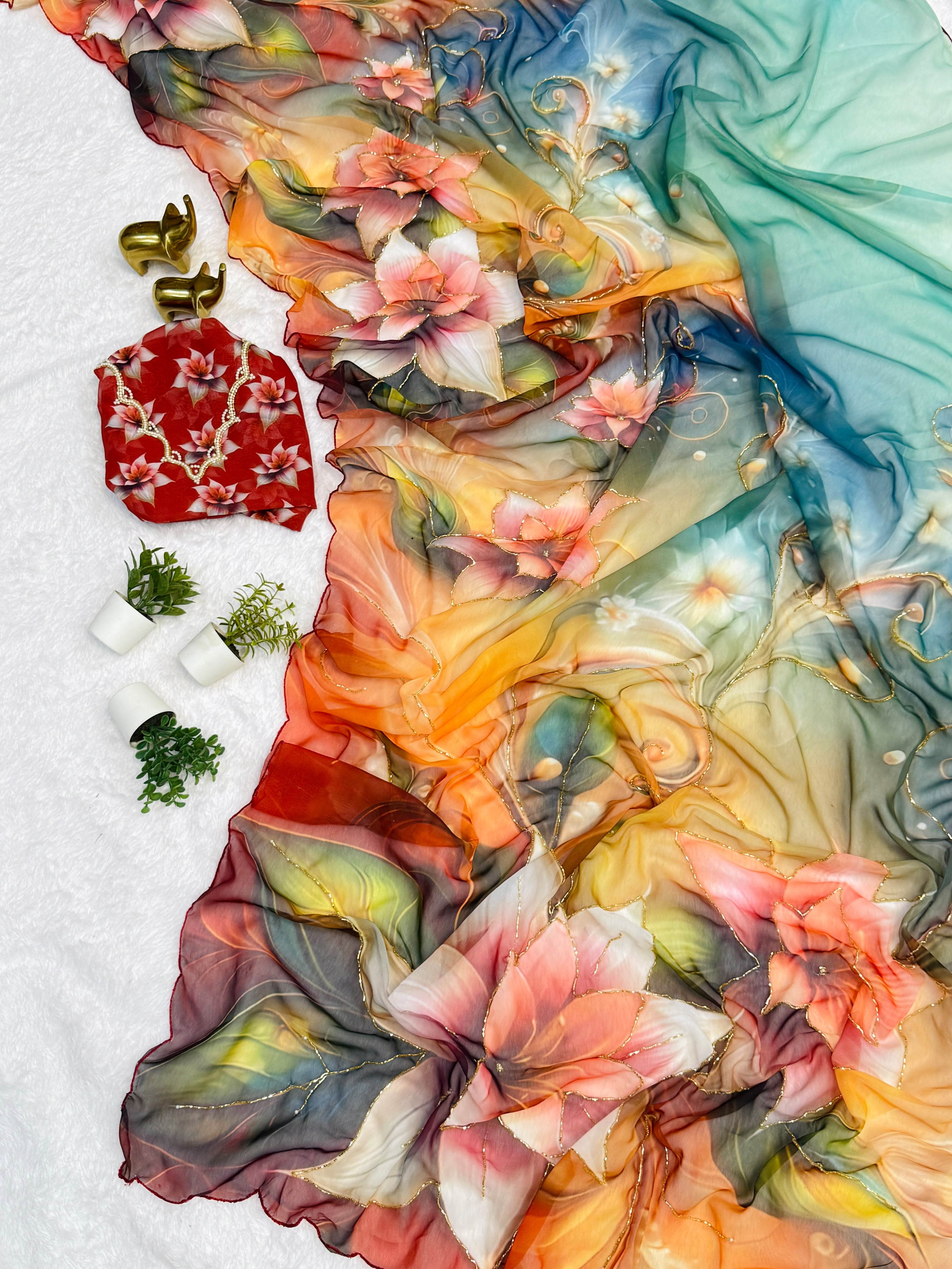 Multi Color Floral Handwork Georgette Party Wear Saree with Blouse - 2 The Taanabaanaa