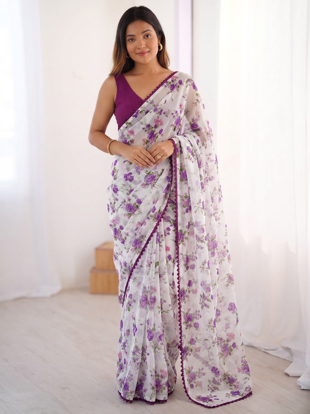 Buy White Floral Print Chiffon Saree with Pom-Pom Lace