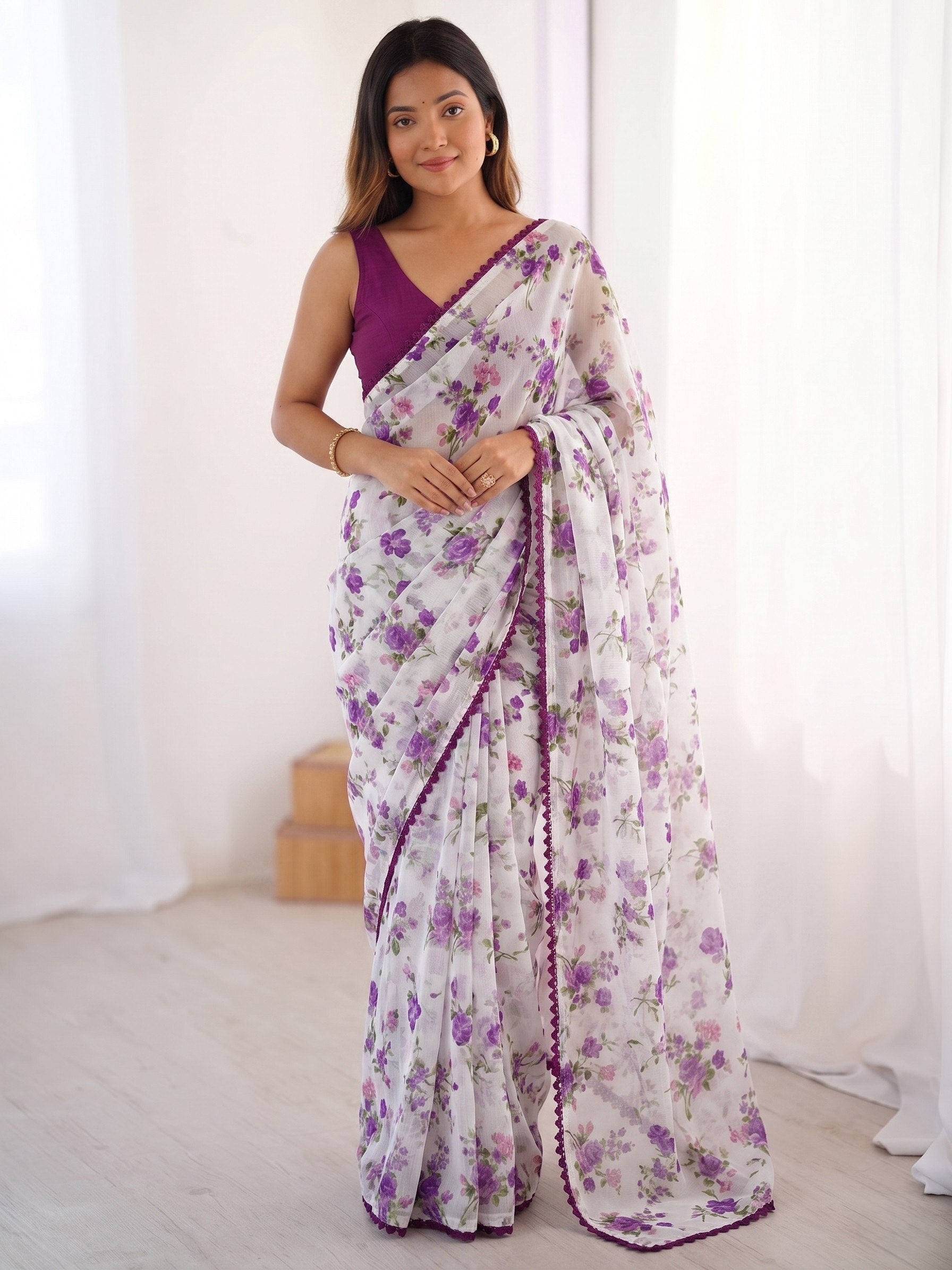 Buy White Floral Print Chiffon Saree with Pom-Pom Lace