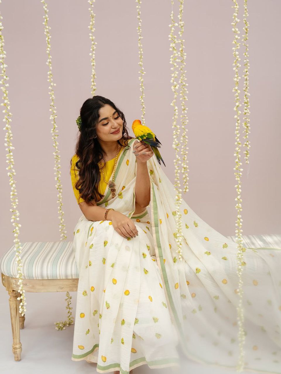 White Linen Cotton Mango Parrot Digital Print Saree with Green Border & Yellow Blouse