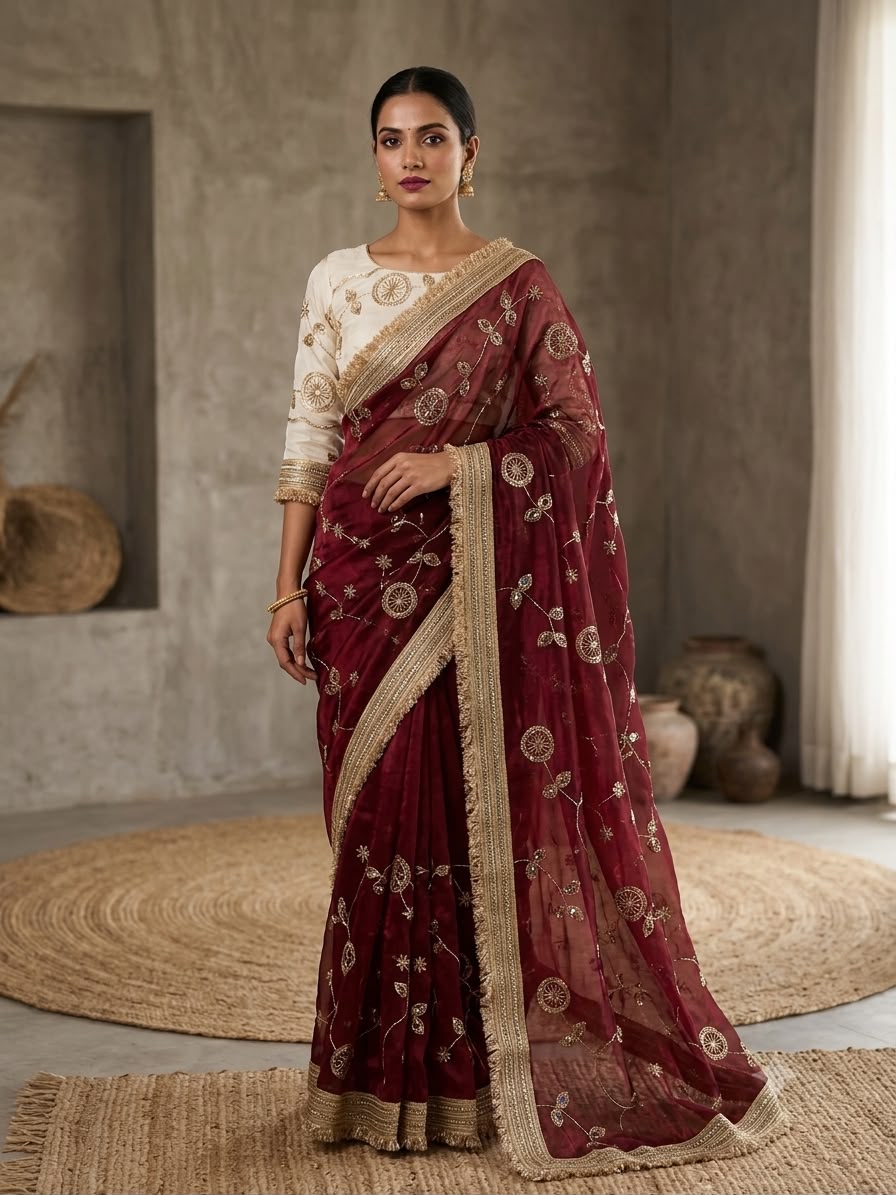 Luxury Organza Tissue Silk Saree with Zari Embroidery & Lace Border