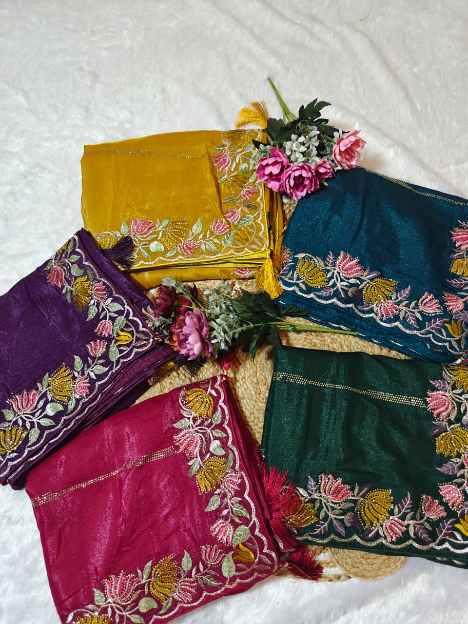 Designer Chinnon Silk Saree with Floral Embroidery & Heavy Blouse
