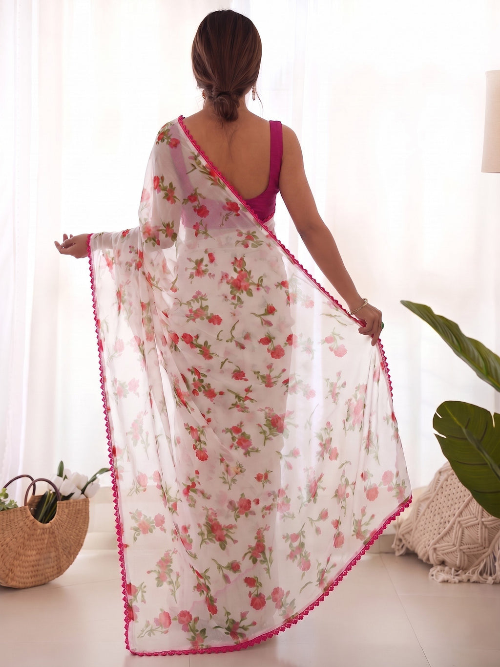 Buy White Floral Print Chiffon Saree with Pom-Pom Lace
