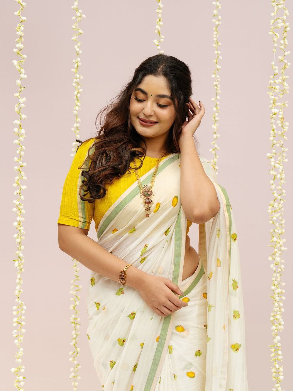 White Linen Cotton Mango Parrot Digital Print Saree with Green Border & Yellow Blouse