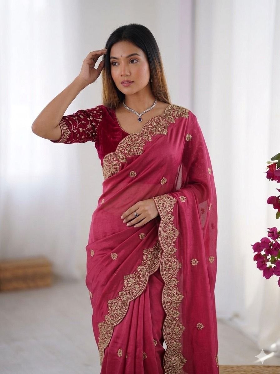 Premium Simmer Chiffon Saree with Zari Embroidery & Designer Blouse Piece
