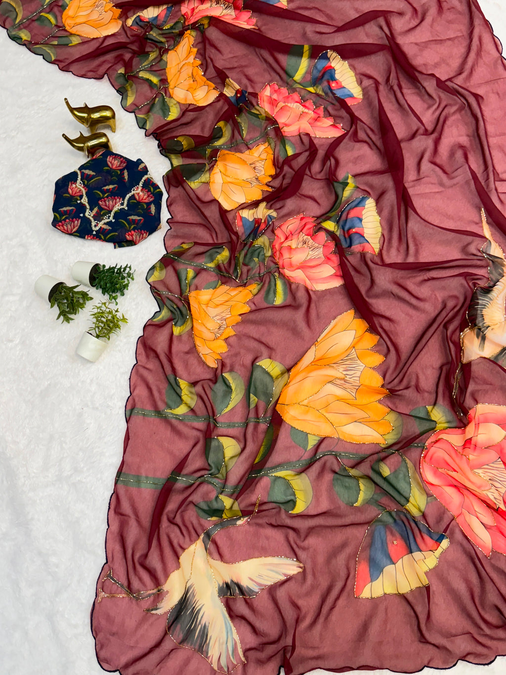 Multi Color Floral Handwork Georgette Party Wear Saree with Blouse - 2 The Taanabaanaa