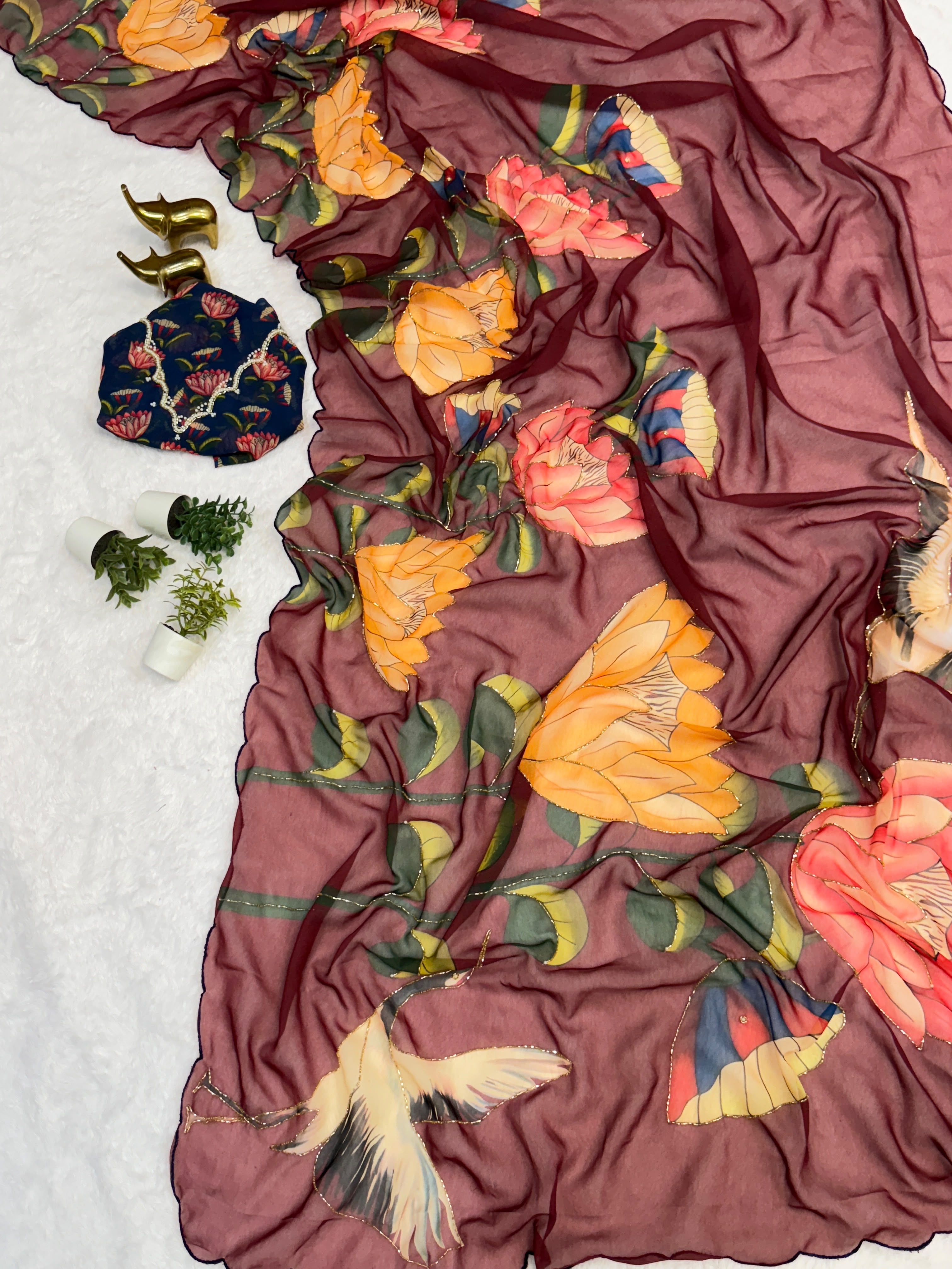 Multi Color Floral Handwork Georgette Party Wear Saree with Blouse - 2 The Taanabaanaa