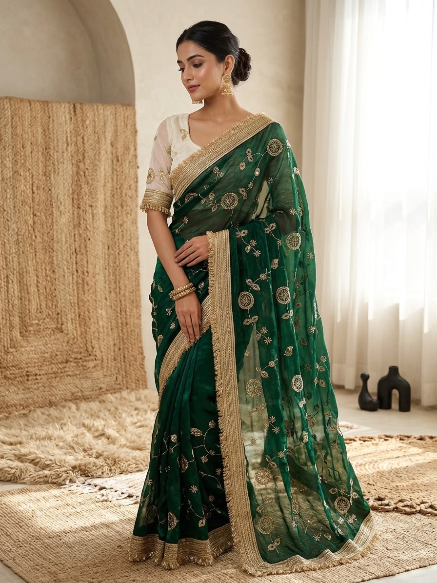 Luxury Organza Tissue Silk Saree with Zari Embroidery & Lace Border