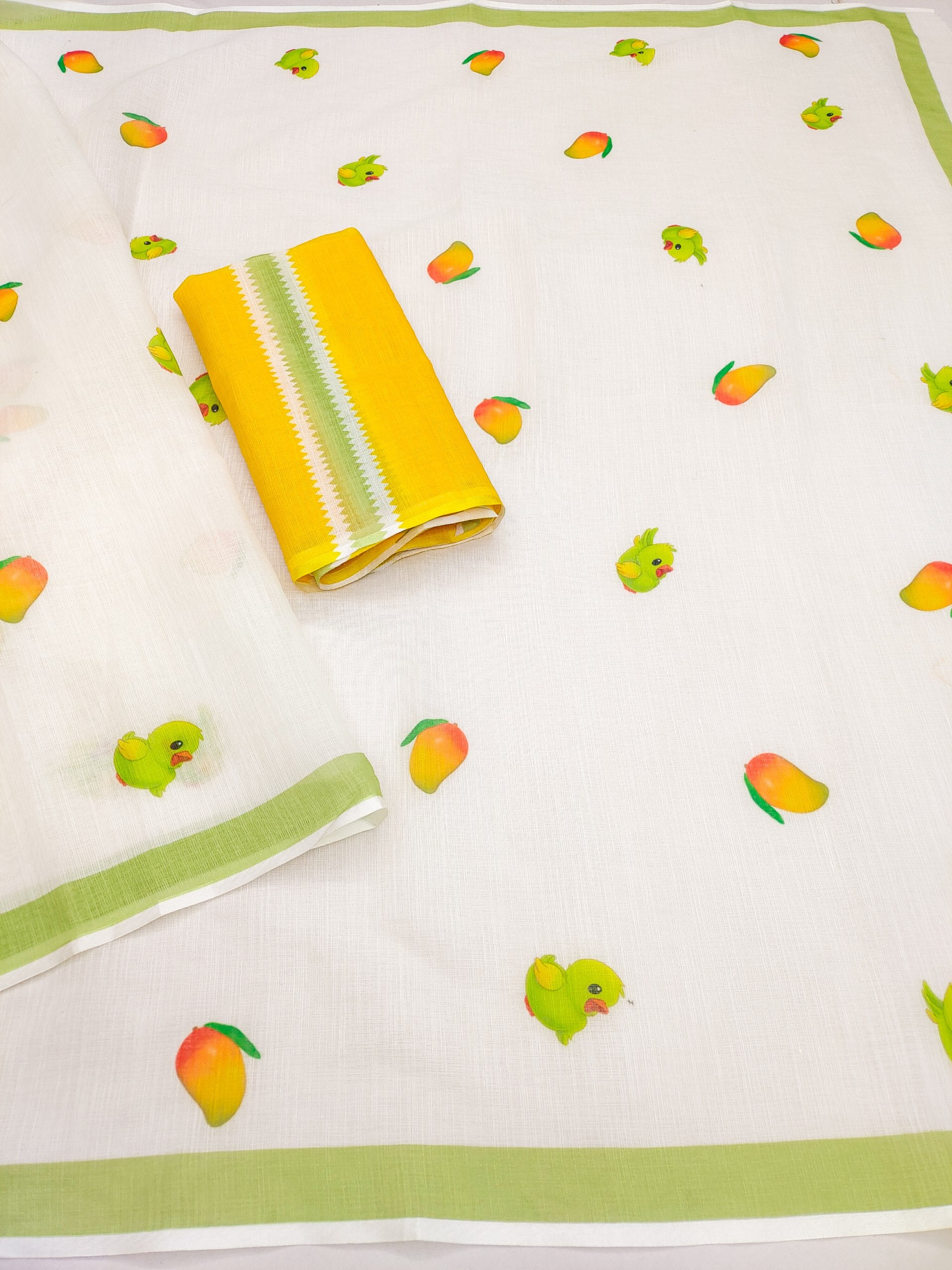 White Linen Cotton Mango Parrot Digital Print Saree with Green Border & Yellow Blouse