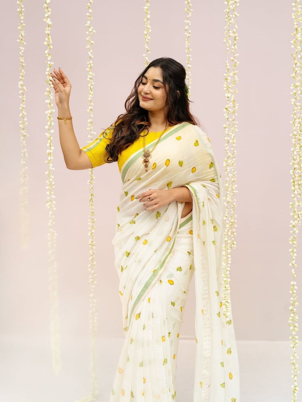 White Linen Cotton Mango Parrot Digital Print Saree with Green Border & Yellow Blouse
