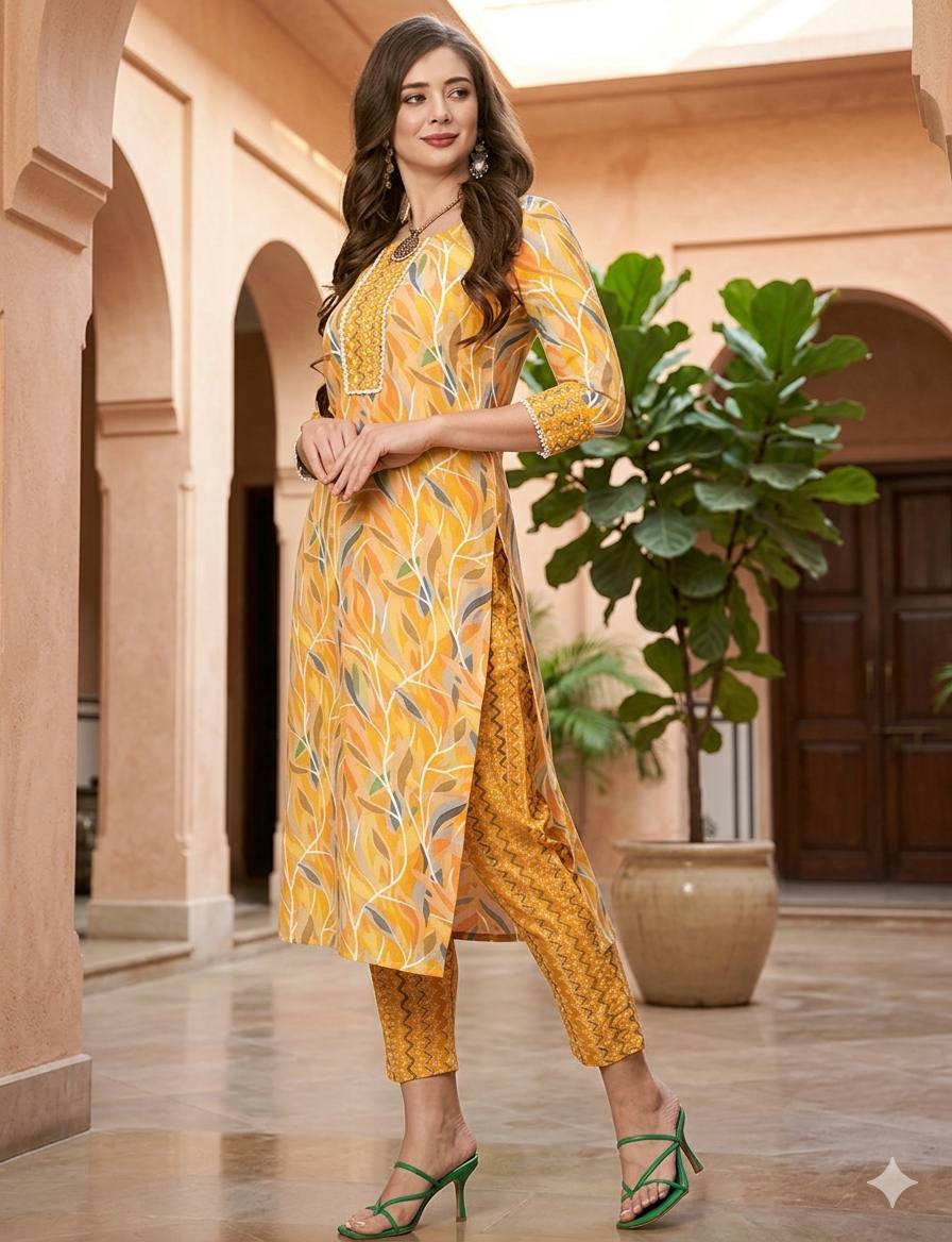 Tropical Leaf Print Kurti Pant Set