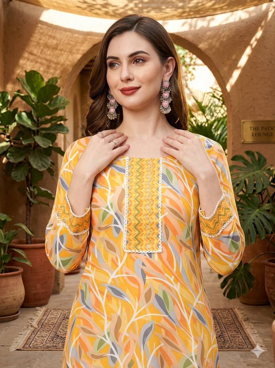 Tropical Leaf Print Kurti Pant Set